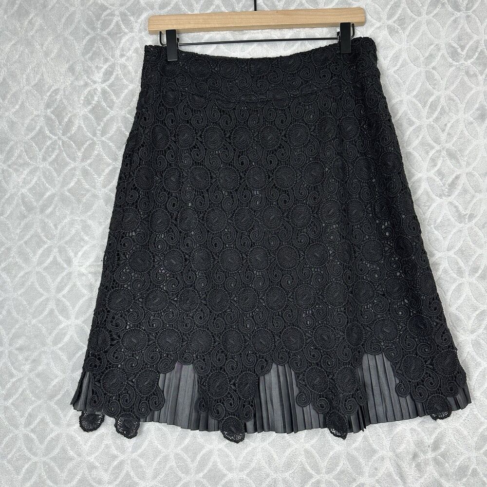 Anthropologie Leifsdottir Skirt 10 Black Crochet Lace Pleated Pencil Boho Wool